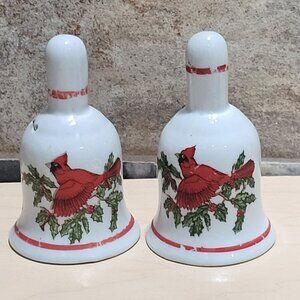 Vintage Pair Porcelain Bells Hand Painted Red Cardinal Bird on Branch Holly and